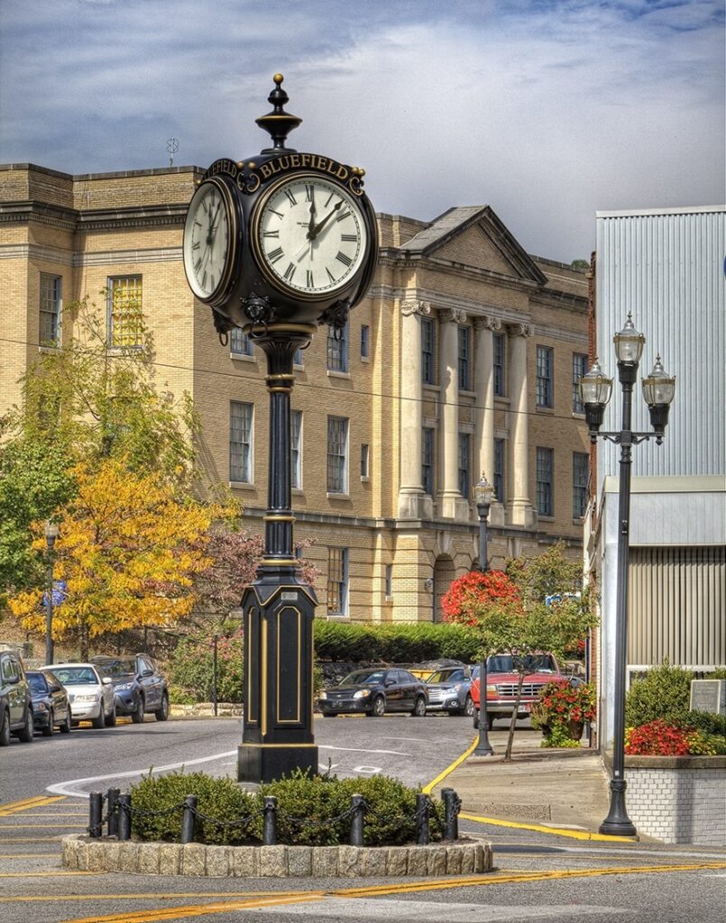 A photo in downtown Bluefield looking toward the Bluefield Arts Center and Economic Development Authority building.