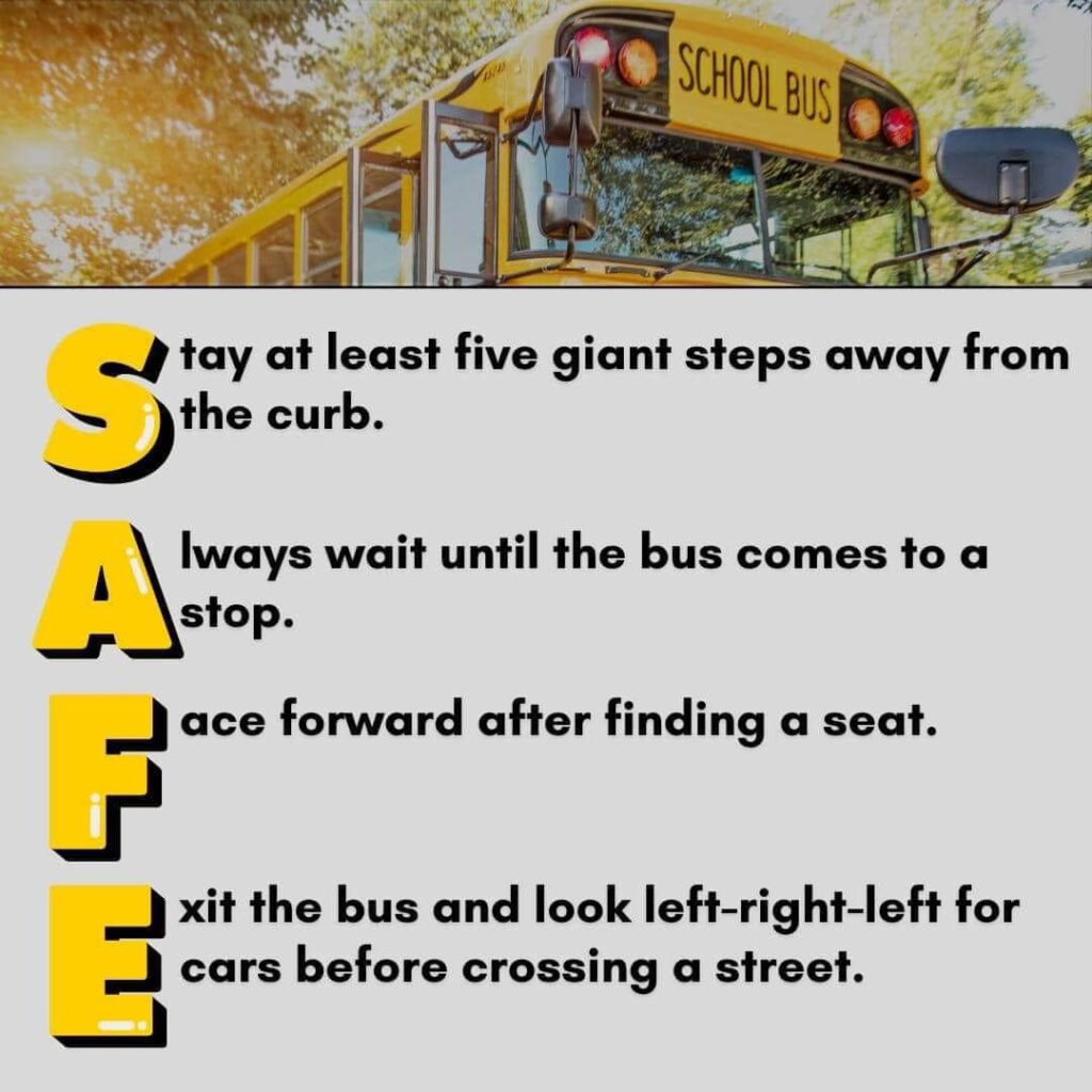 Infographic using the acronym "SAFE" to outline school bus safety rules, including staying away from the curb, waiting for the bus to stop, facing forward, and looking both ways before crossing the street.