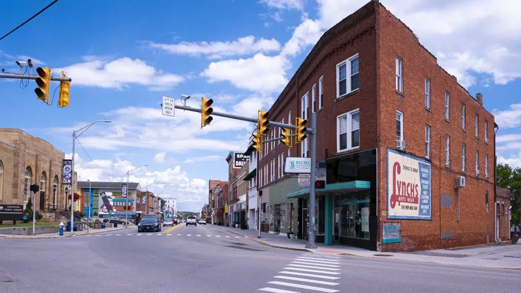 Looking down Mercer Street in Princeton lined by small businesses.