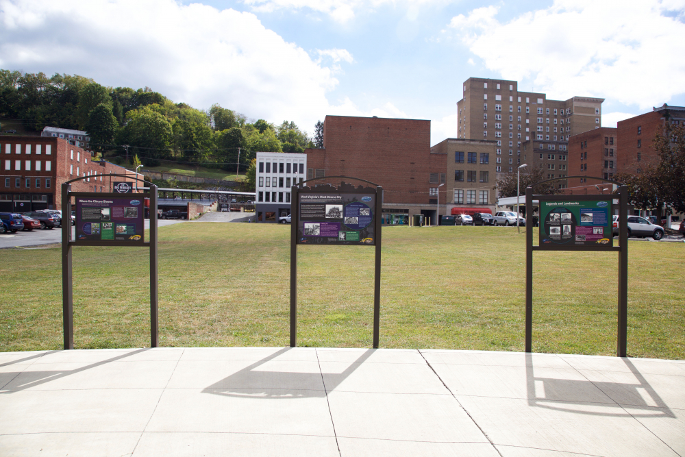 The park and its informational signs with downtown Bluefield in the background.